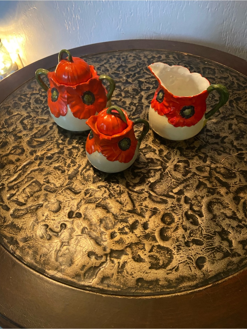 Hand-Painted Poppy Ceramic Creamer, Sugar and Lidded Jar Set - Red and Green